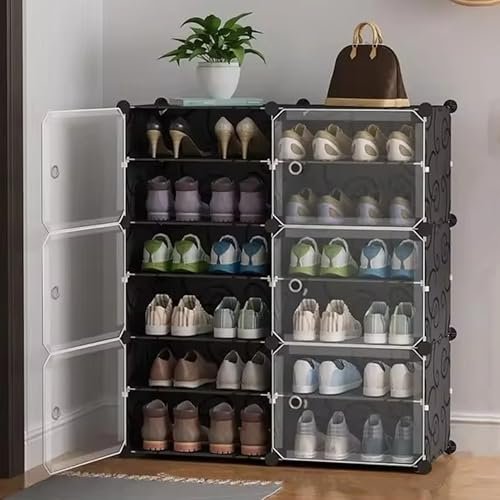 AYSIS Shelf DIY Shoe Rack Box Organizer | Multi-Purpose Plastic Shoe Rack for Home | PP Plastic Foldable Home Storage Rack with Door for Entryway, Slipper Stand (Black, 12-Shelf-6-Door)