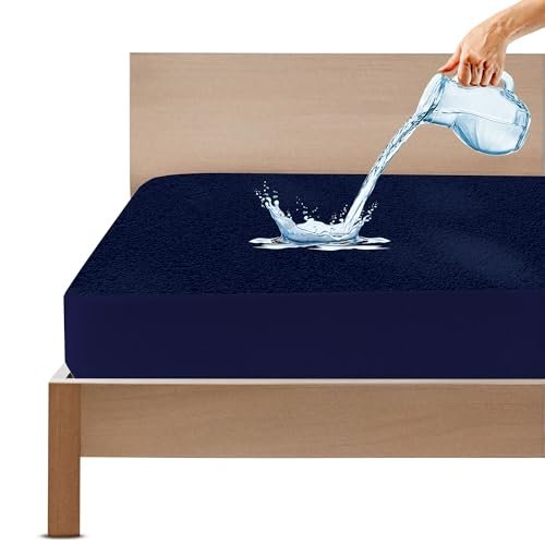 GADDA CO 100% Waterproof Premium Cotton Feel Mattress Protector King Size 72x84 Inch|Ultra Soft Breathable & Hypoallergenic Fitted Bed Protector Terry Cover(6x7 feet, Fits Upto 10 Inches, Dark Blue)