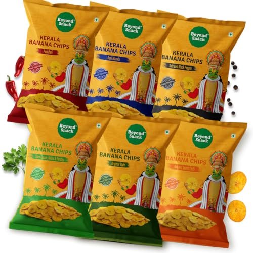 Beyond Snack Nendran Kerala Banana Chips | Combo pack (Original Salted, Desi Masala , Salt and Pepper,Peri Peri, Sour Cream Onion Parsley, Hot and Sweet Chilli )| Thin Crunchy Crispy Snack |600g (100g*6packs)