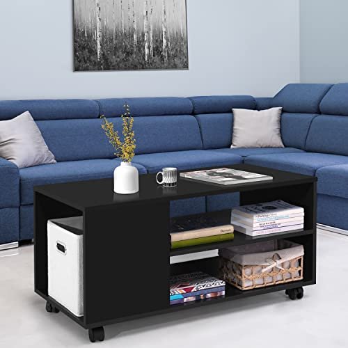 ABOUT SPACE Coffee Table with Storage - Portable Wooden Center Table with Caster Wheels & Open Rack - DIY Furniture - Sofa/Tea Table/Teapoy for Living Room, Home, Office (Black- L 90 x B 45 x H 45 cm)