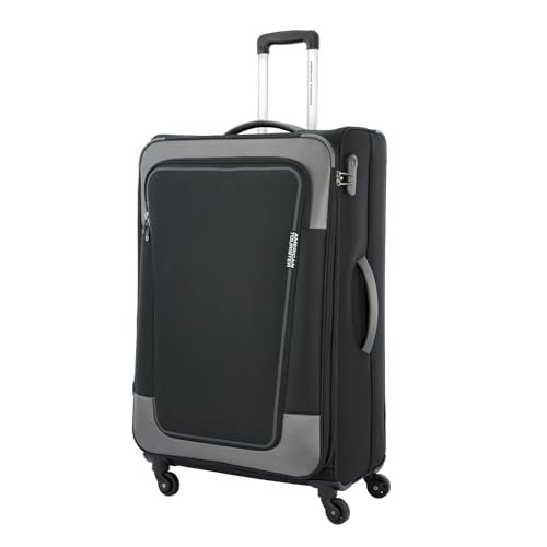American Tourister ICOR (Large) 82cms|Carry On Trolley Bag for Travel|Wet Pocket| Expandable|Polyester Luggage|Combination Lock|4 Wheel Spinner Suitcase for Men & Women (Black)|Light Weight & Durable