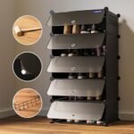 BOXJOY 𝟓 𝐒𝐡𝐞𝐥𝐟 Shoe Rack with Door 𝐌𝐚𝐠𝐧𝐞𝐭𝐬 & 5 𝐇𝐨𝐨𝐤 𝐒𝐭𝐞𝐞𝐥 𝐇𝐨𝐥𝐝𝐞𝐫 for Home Storage PP Plastic Box Organizer with Metal Door Frame, Chappal Slipper Sandals Stand (Black)