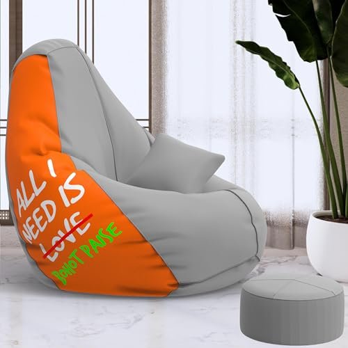Biggie Bean Bag with Beans Filled 4XL Bean Bag with Free Cushion and Footrest - Official : CozyPrint Combo (Matching Color : Printed, All I Need is bohot Paise - Orange Grey)