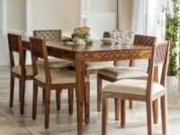 DRIFTINGWOOD Maharaja Solid Sheesham Wood Dining Table 6 Seater | Wooden Six Seater Dinning Table with Cushion Chairs | Dinner Table 6 Seater | Dining Room Sets | Self Assembly, Natural Brown Finish