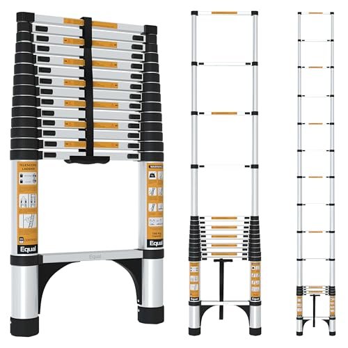 Equal 15 FT Aluminum Folding Telescopic Ladder with 2 Triangle Stabilizers | EN131 Certified with 2 Year Warranty | 150kg Max Capacity | Collapsible Ladder for Home or Outdoor Work (4.4m/15 Step)