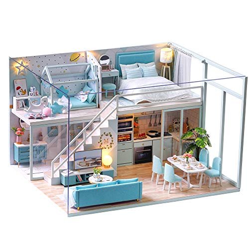 Fsolis DIY Dollhouse Miniature Kit with Furniture, 3D Wooden Miniature House with Dust Cover and Music Movement, Miniature Dolls House kit (L28)