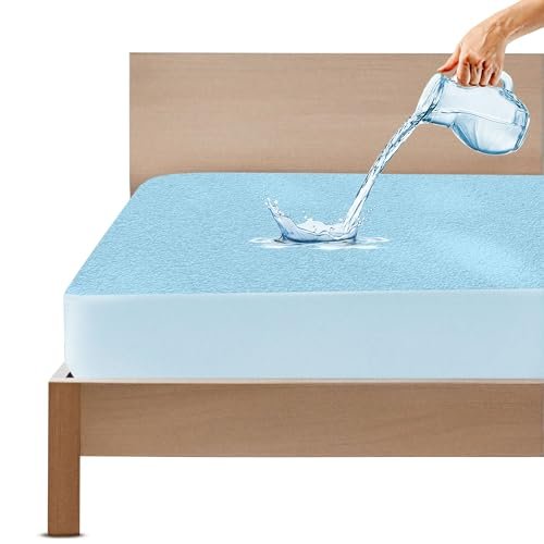 GADDA CO 100% Waterproof Premium Cotton Feel Mattress Protector Queen Bed 72x60 Inch|Ultra Soft Breathable & Hypoallergenic Fitted Bed Protector Terry Cover(6x5 feet, Fits Upto 10 Inches, Blue)
