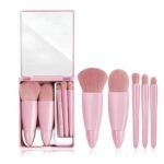 Gleva 5 Pcs Travel Friendly Mini Makeup Brush Set, Compact Size Cosmetic Brushes Set With Hardcase & Built-in Mirror, Makeup Foundation Powder Concealer Eyebrow Eyeshadow Brushes Kit for Women (Pink)
