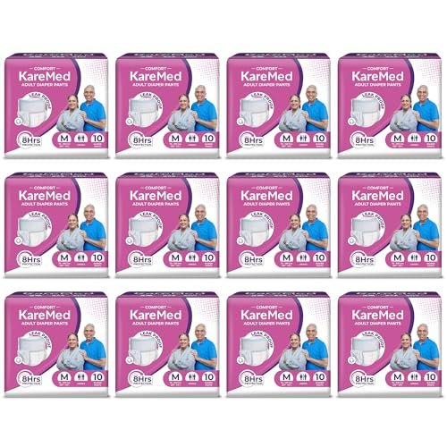 KareMed Comfort Adult Diaper Pants, Medium 75-100 Cm (30"- 40"), Unisex, Leakproof, Elastic Waist, Wetness Indicator, Pack of 12, 120 Count