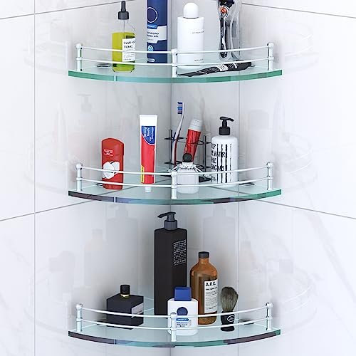 Klaxon Heavy Duty Multipurpose Corner Glass Wall Shelf, for Bathroom, Bedroom, Living Room, Kitchen, Home & Office, Transparent Shelves (9X9 Inches – Pack of 3)