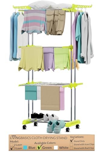 LIVINGBASICS 3 Tier Premium Heavy Duty Stainless Steel Foldable Cloth Drying Stand/Clothes Stand for Drying/Cloth Stand/Clothes Dryer/Laundry Racks for Drying - Indoor/Balcony (Lime Green)