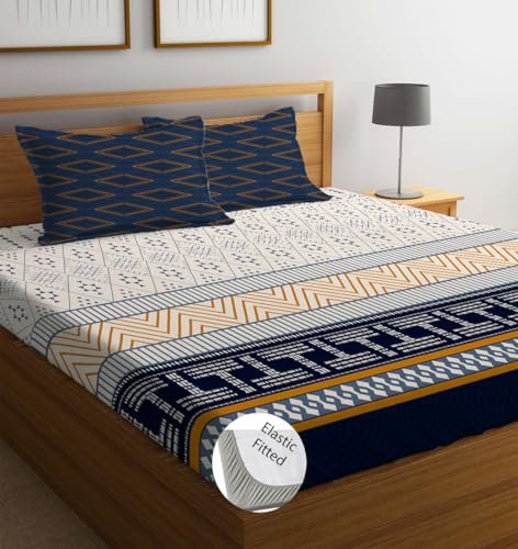 LOOMLYFE 300 TC Cotton Feel Glace Cotton Elastic Fitted Printed Super King Size Bedsheet with 2 Pillow Covers Fits Upto 12 inches Mattress,Size- 72X78 Inches, BlueT