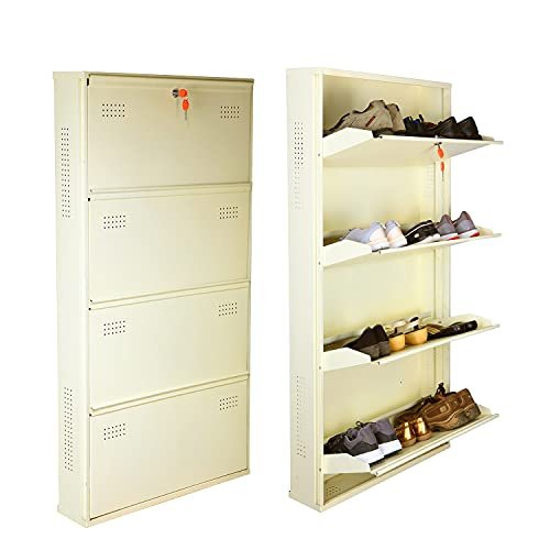 Laxmi KAPAT 4 Door Metal Shoe Rack Wall Mounted For Home With Central Locking, Can Hold Upto 20 Shoes Pair, 3 Year Warranty (54" X 28" X 6" Inch, Ivory), 15.24 X 71.12 X 137.16 CM