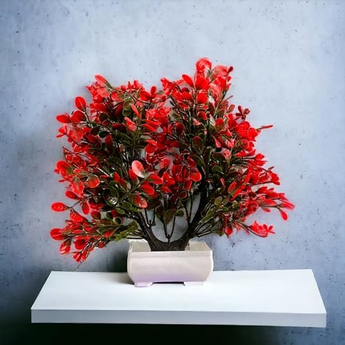 Litleo Artificial Plants Fake Potted Plants, Eucalyptus Potted Faux Decorative Grass Plant with White Pot for Home Decor, Indoor, Office, Desk, Shelf, Table Decoration (Twin Tree Maroon)