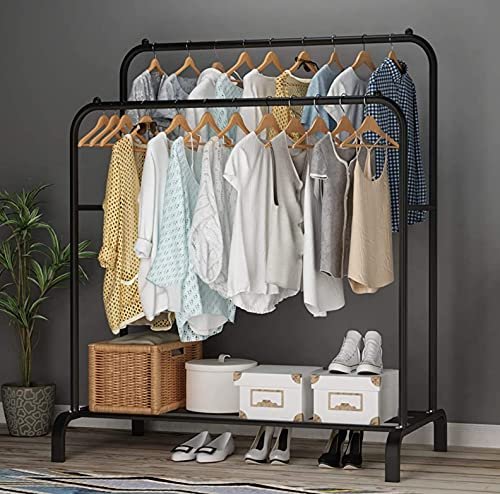 Lukzer 1PC Metal Cloth Stand: Multipurpose Garment Rack with Bottom Shelf – Ideal Coat and Jacket Organizer for Home and Bedroom Display (Black, 148 x 110 x 55 cm, MGS-002)