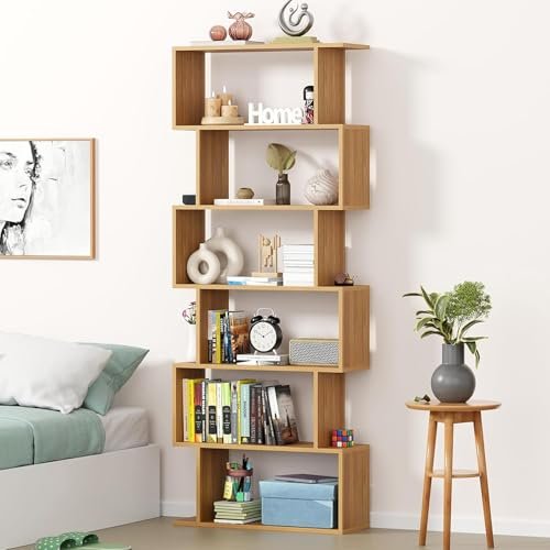 Lukzer 6-Layer S-Shaped Ladder Bookshelf | Engineered Wood Open Display Rack | Modern Bookcase for Living Room, Office & Bathroom | Home Storage Organizer (MR-002, Light Oak, 178x70x24 cm, DIY)