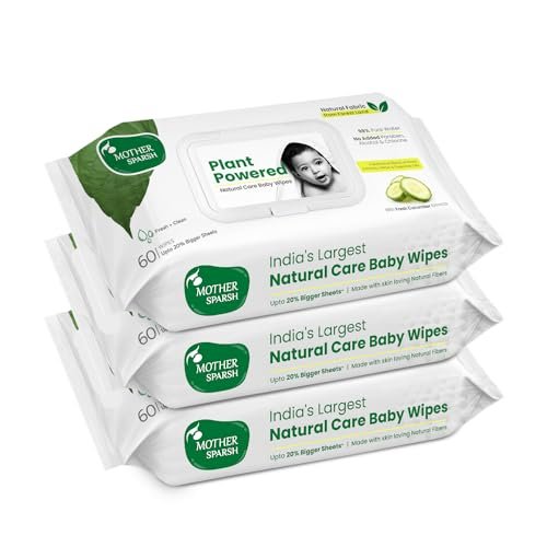 Mother Sparsh Natural Care Baby Wet Wipes with Lid | 100% Plant Made Fabric From Forest Land | Fresh+Cleanse (with Cucumber) Plant Powered Wet Wipes For Baby I Cotton Cloth Like Bigger Sheets | 60 Pcs (Pack of 3)