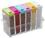 Nexellar Spice Rack 6 Lid Container Set- Spice Shaker Jars Seasoning Box Condiment jar Storage Container with Tray for Salt Sugar Cruet Pepper 6 in 1 Rack Crystal lid Piece for Kitchen