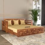 PS DECOR Solid Sheesham Wood 3 Seater Sofa Cum Bed with Storage and Side Pockets for Living Room Wooden Furniture Sofa Bed for Home (Natural Teak Finish)