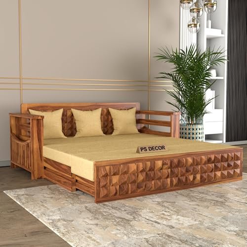 PS DECOR Solid Sheesham Wood 3 Seater Sofa Cum Bed with Storage and Side Pockets for Living Room Wooden Furniture Sofa Bed for Home (Natural Teak Finish)