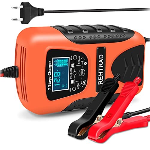 REHTRAD Fully Automatic Car Battery Charger 7A 12V，Bike Battery Charger,Suitable for Most Battery Types, Including Calcium, Gel, AGM, Wet Lead-Acid Batteries