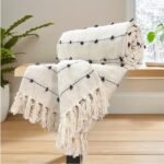 SAJAVAT HOME Hand-Knitted Pure Cotton 3 Seater Sofa Throw | 80x52 Inches/204x132 Cm | Beige & Black Throw for Sofa, Bed, Chair & Travel - Ideal for All Season | Pack of 1