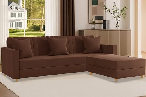 SOFA SANCTUARY – 4 Seater L Shape Convertible Sofa Set | Modular Sectional Couch for Living Room | Velvet Upholstery for Compact Spaces - Brown Color