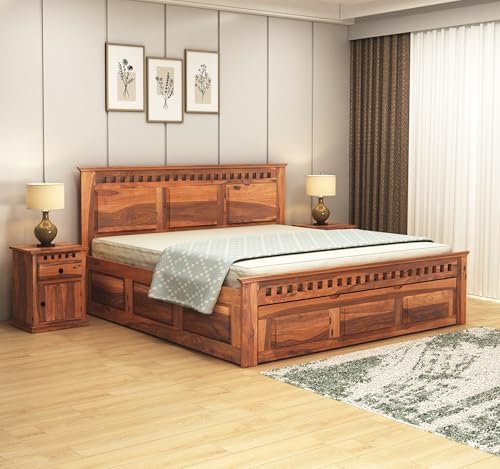 SONA ART & CRAFTS Kuber Sheesham Wood Queen Size Bed with Drawer Storage | Solid Wood Bed with Storage | Wooden Bed Queen Size Cot Double Bed with Storage for Home - (Natural Honey Finish)