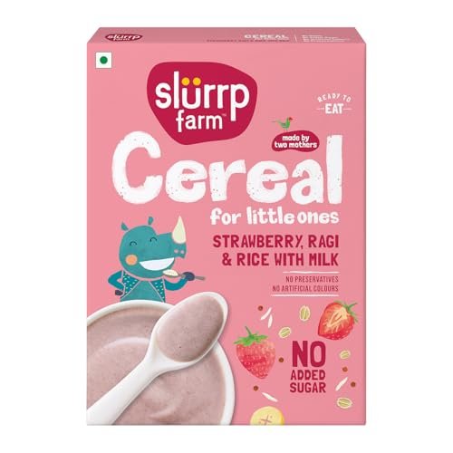 Slurrp Farm Cereal, Ragi, Rice and Strawberry with Milk, Instant Healthy Food, NO Added Sugar, Mildly Sweetened with Date Powder, 200 g