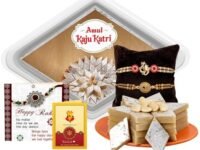 TIED RIBBONS Rakhi for Brother combo with Sweets - Set of 2 Premium Rakhi with Kaju Katli Gift Pack Mini Greeting Card and Roli Chawal - Rakhi Gift for Brother
