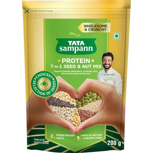Tata Sampann Protein 7-in-1 Seed & Nut Mix | Power Packed & Crunchy Snack | Trail Mix | Rich in Protein & Dietary Fibre | Rich in Magnesium & Phosphorus | 200g | Roasted Pumpkin, Watermelon, Sunflower, Flax, Chia, Sesame Seeds & Soya Nuts