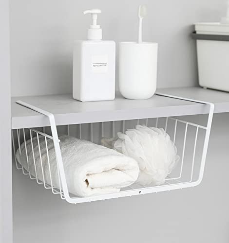 Wolpin Shelf Basket Multifunctional Storage Basket Kitchen Bathroom Storage Rack Under Cabinet Storage Organizer Basket Wire Rack Powder Coated Iron (White, Pack of 1, Hanging Shelves)