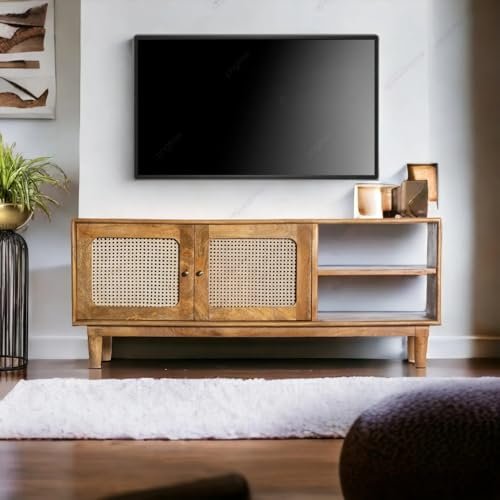 Wooden Twist Woolly Cane Mango Wood TV Cabinet with 2 Drawers & 2 Open Shelves for Living Room Storage and Media Console