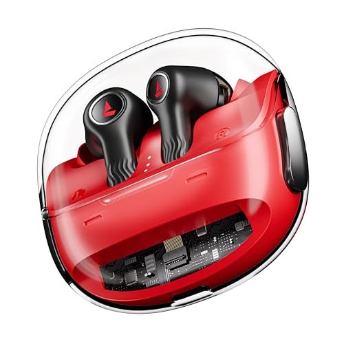boAt Nirvana Crystl (2025 Launch), Transparent Case,Spatial Audio, ANC(~32dB), 100Hrs Battery,4Mics ENx,App Support, Bluetooth Earbuds, TWS Ear Buds Wireless Earphones with mic (Blazing Red)