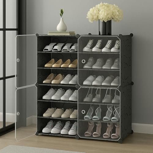 Owme Plastic Shoes Rack for Home, 4-Door 12-Shelf Portable Shoes Rack with Dustproof Door for Heels/Slippers/Boots, DIY Multi-Purpose Shoe Organizer, Black