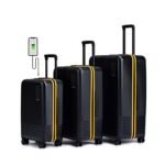 MOKOBARA Iconic Range The Set of 3 Polycarbonate Hard Shell Luggage 79Cms Cabin, Small Medium & Large Size German Makrolon Black, 8 Wheels Suitcase Trolley, Hinomoto Wheels (Black & Yellow)