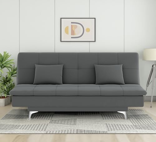 Adorn India Premium New Aspen 3 Seater Sofa Cum Bed 4X6 Velvet Suede with 2 Cushions (Color Dark Grey) and Suitable for All Indoor, with 3 Years Warranty