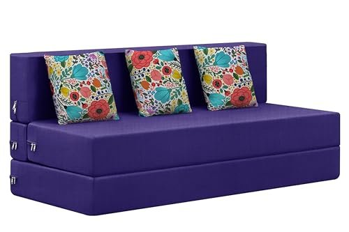 Rosebell Foldable Three Seater Sofa Cum Bed, Sofa Bed 5 X 6 Feet, Jute Fabric- Washable Cover- Including 3 Cushion Perfect for Home & Office for Guests(Purple Color)