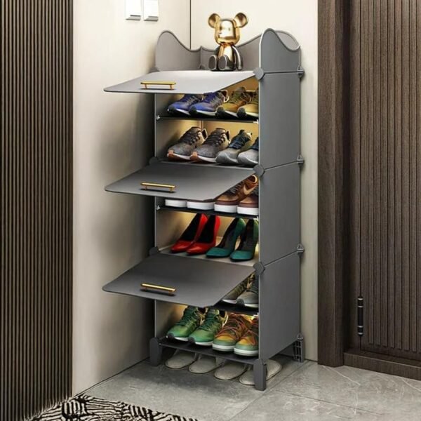 Owme Plastic Shoes Rack for Home, 3-Door 6-Shelf Portable Shoes Rack with Dustproof Door for Heels/Slippers/Boots, DIY Multi-Purpose Shoe Organizer, H-Grey