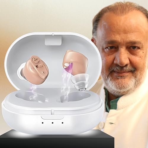 Aika AG-7901 Mini Rechargeable CIC Digital Hearing Aid Sound Amplifier Machine for Old age with Auto Noise Cancellation, Clear Sound and Dry Kit (For Both Ear, Beige)