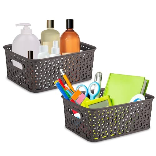 BEL CASA Royal Basket -Small (Pack of 2) Multipurpose Plastic Storage Rectangular Shape Baskets For Wardrobe/Home/Kitchen-Dark Brown