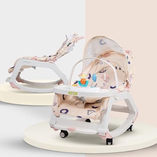 Baybee 5 in 1 Baby Rocker and Feeding Chair for Babies | Portable Rocking Chair for Kids with Parent Handle, Multi Position Recline, Food Tray & Music | Baby Bouncers 0 to 3 Years Boys Girls (Pink)