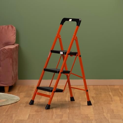 BonKaso Premium Steel Multipurpose Climb Easy Anti-Slip 3-Step Foldable Ladder with Safety Clutch Lock, Support Handle and Tool Tray for Home - (Orange & Black)