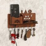 CAPIO ART Wooden Key Holders for Home Wall Stylish | Wooden Yoga Design Wall Mounted Decorative Key Chain Hanger with 7 Hooks & Self Storage for Home & Office | Multipurpose Organiser | Brown