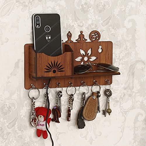 CAPIO ART Wooden Key Holders for Home Wall Stylish | Wooden Yoga Design Wall Mounted Decorative Key Chain Hanger with 7 Hooks & Self Storage for Home & Office | Multipurpose Organiser | Brown
