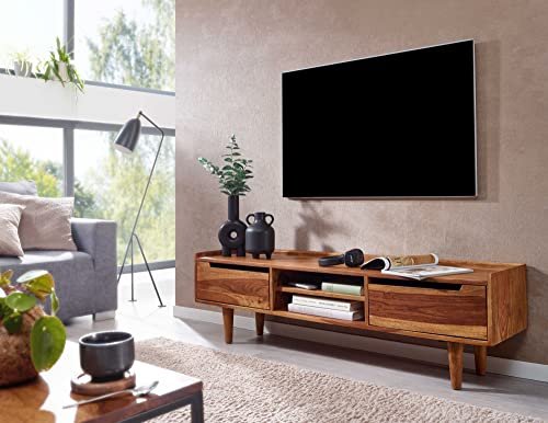CHETAK FURNITURE 57 Inch Solid Sheesham Wooden Tv Unit for Living Room, Wood Floor Standing TV Unit, TV Stand, TV Cabinet, TV Entertainment Unit with 2 Door & 2 Open Shelf Storage, Natural Finish