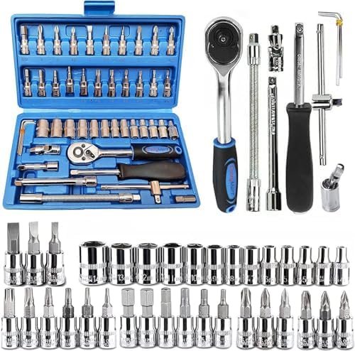 CrazyMart 46 in 1 Heavy Duty 1/4" Screwdriver Multi Purpose Combinational Ratchet Socket Wrench Spanner 46 Pcs Chrome Vanadium Hand Tool Kit Set For Auto Repairing Work, Car & Bike (Multi color)