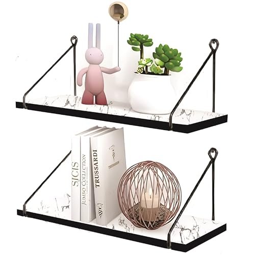Dime Store Wall Shelf, Metallic Gold White Wall Mounted Shelves, Home Decor Items for Living Room/Bedroom, Set of 2 (White)