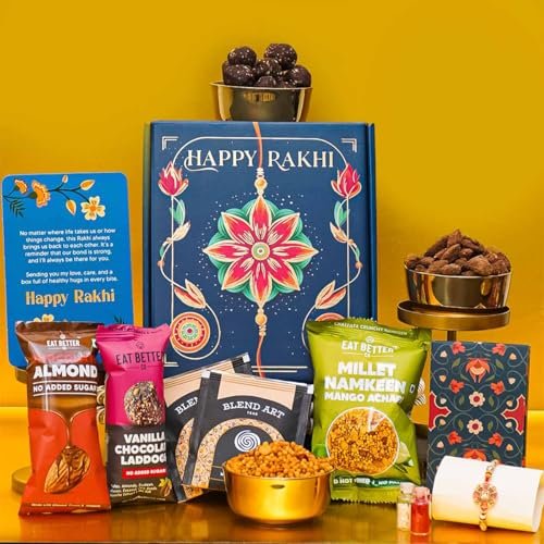 Eat Better Co - Bandhan - 8-Item Rakhi Gift Hamper For Brother – Chocolate Coated Almonds, Hazelnut Dry-Fruit Laddoos, Premium Red-Gold Rakhi | Rakhi for Brother with Gift Combo Set