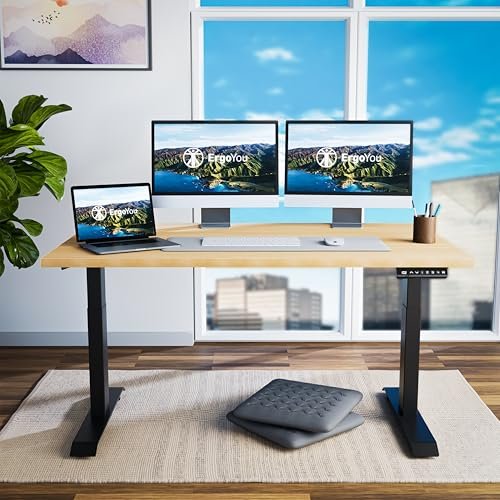 ErgoYou - Electric Height Adjustable Standing Table - Heavy Duty - Dual Motor 2 Stage - 150 Kgs Max Weight Capacity - E2 Series - Ergonomic Sit Stand Desk (Maple: 59 x 29.5 inches)